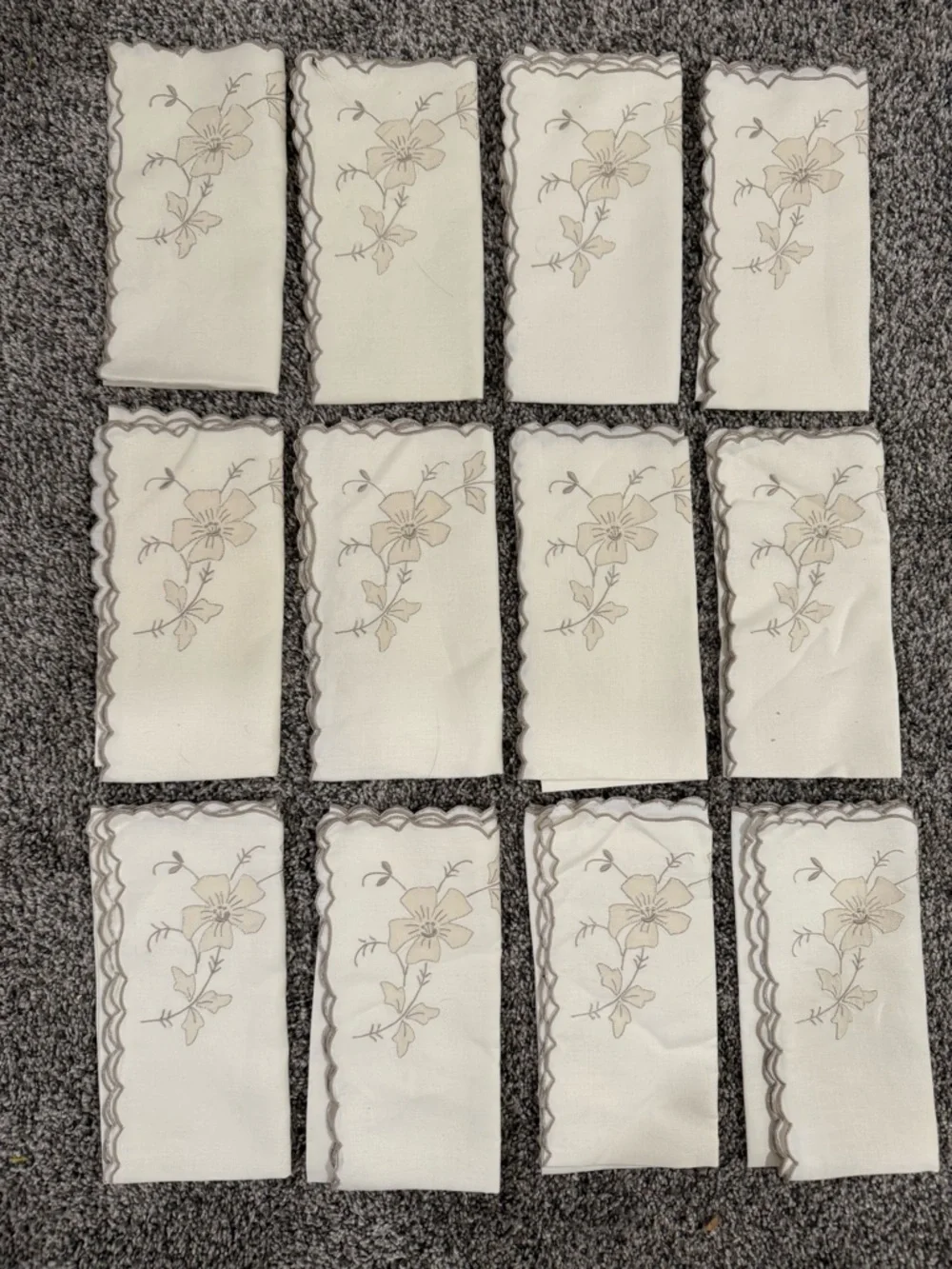 Set of 12 vintage Embroidered Floral Napkins - white with Beige gray Trim